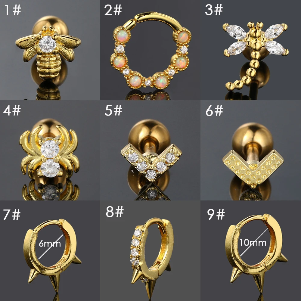 Серьга-гвоздик для пирсинга плоская с кристаллами V-образный хрящ в форме