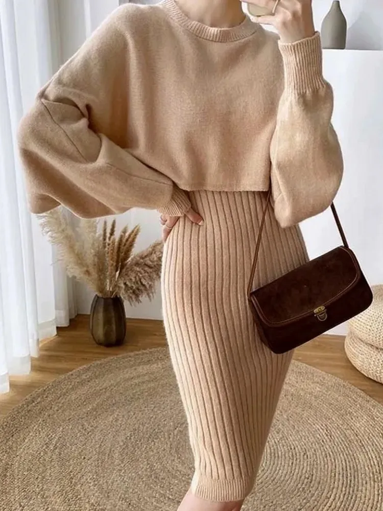 

Runway Fall Winter Korean Knitted Bat Sleeve Top Sweater + Elegant Sling Dress Women's Clothing Suit Vestido Two Pieces Set