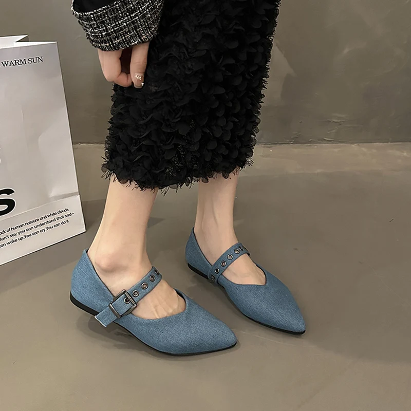 Soft Denim Mary Jane Shoes Women Pointed Toe Ballet Flats Ladies Fashion Blue Canvas Loafers with Buckle Belt and Rivets
