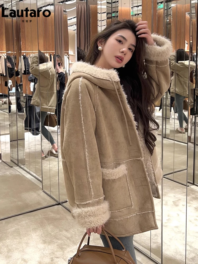 

Lautaro Winter Oversized Thickened Warm Fluffy Faux Sheepskin Coat Women with Hood Luxury Unisex Clothes Shearling Jacket 2023
