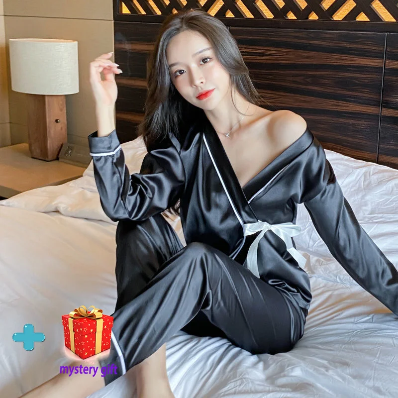 

New Women Japanese Style 2 Pieces Pajama Sets Kimono V-Neck Long Sleeve Loungewear Imitation Silk Satin Sexy Luxury Sleepwear