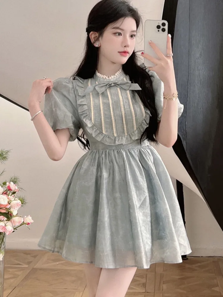 

New French Vintage Puff Sleeve Girl Party Dresses For Women Sweet Bow Ruffles Summer Princess Dress Mini Robe Femme Vestidos