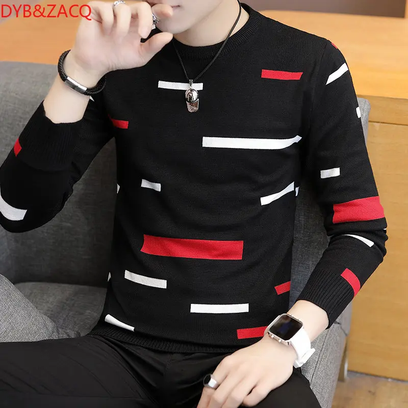 DYB&ZACQ Long Sleeve Sweater Men Half Sleeve Knitted Sweater Spring Autumn Handsome Male Slim Stripe Men's Sweater