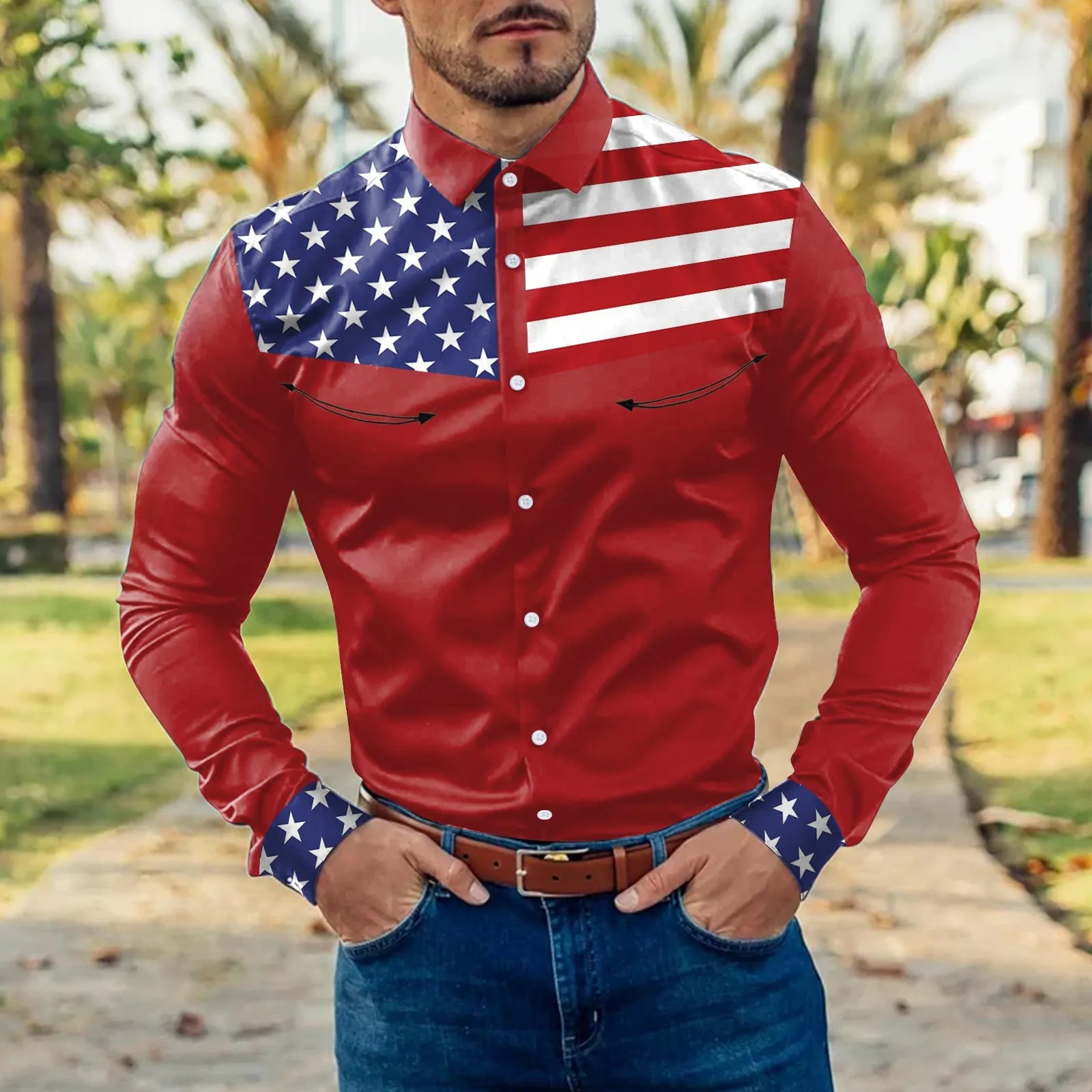 

Long Sleeve Tops Mens Fashion Casual Striped Color Block Patchwork American Flag Lapel Button Cuff Long Rolled Collar Mesh Short
