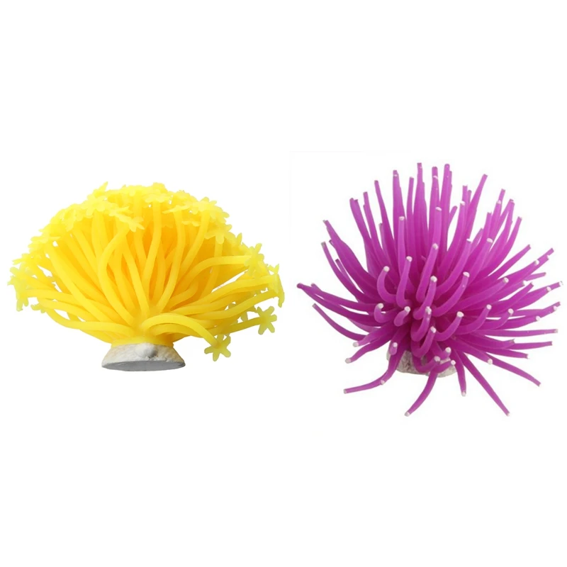 

2 Pcs Aquarium Fish Tank Decoration: 1 Pcs Artificial Fake Coral Purple & 1 Pcs Artificial Sea Anemone Yellow