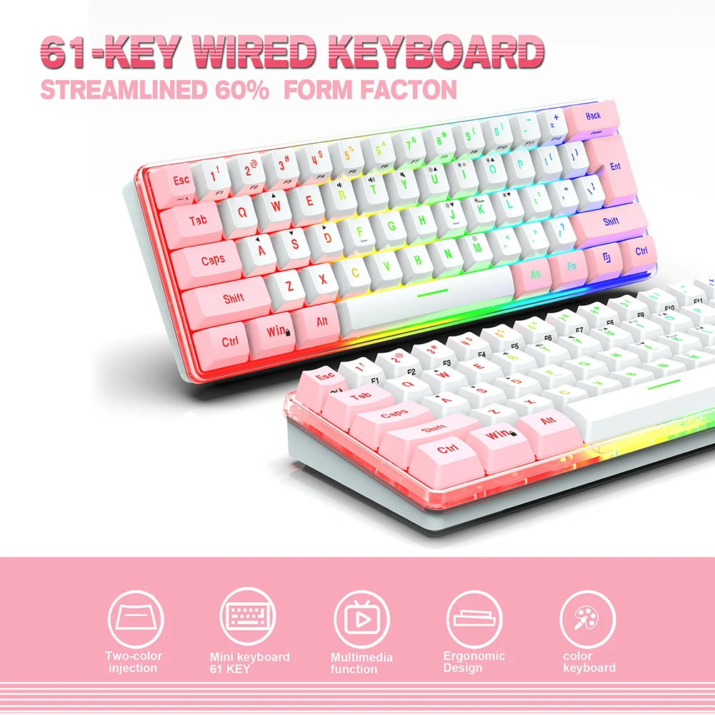 

61 Keys USB Wired Keyboard RGB Computer Mini Gaming Keyboard for Office Desktop USB Wired LED Backlit Tools