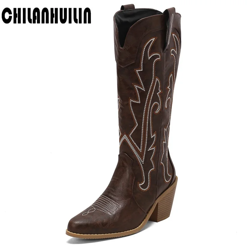 

Женские длинные сапоги с вышивкой, Осень-зима 2023, сапоги до колена из искусственной кожи, женские ковбойские сапоги на высоком каблуке, черные