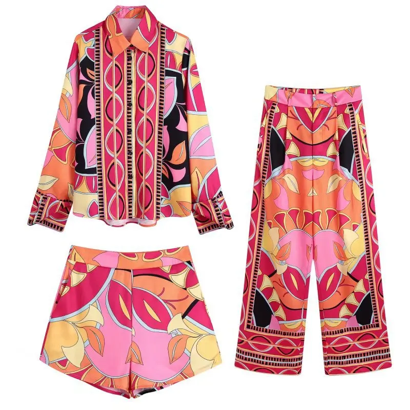 

Clothland Women Stylish Blouse Pants Suit Three Piece Set Long Sleeve Shirt Long Pants Shorts Vintage Sets TZ313