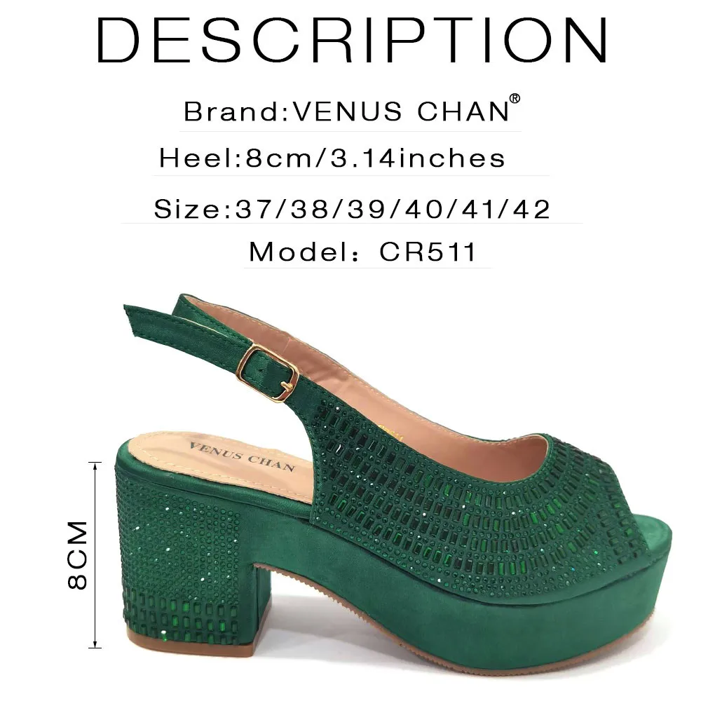 Venus Chan Latest Summer Women's Platform High Heels Green Color Full Drill Design Shoe and Bag Set for Party In Women Nigerian