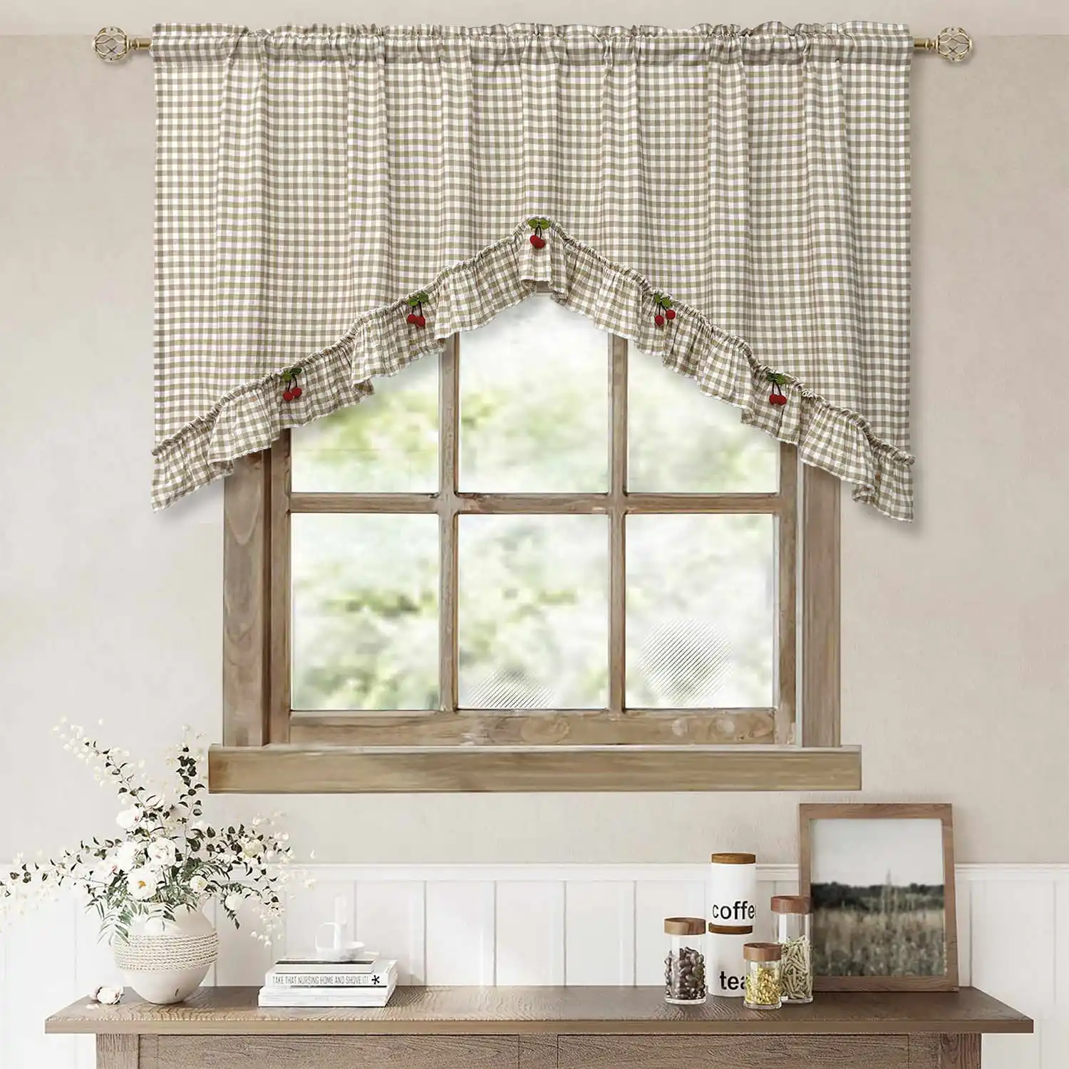 Ретро абрикосовые белые решетчатые шторы WPKIRA для кухни