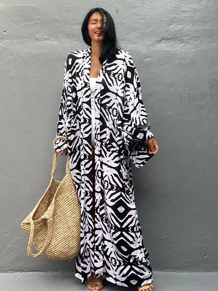 

2023 Casual Printed Long Sleeve Self Belted Kimono Dress Women Casual Elastic Waist Long Loose Slit Beach Dresses Q1340