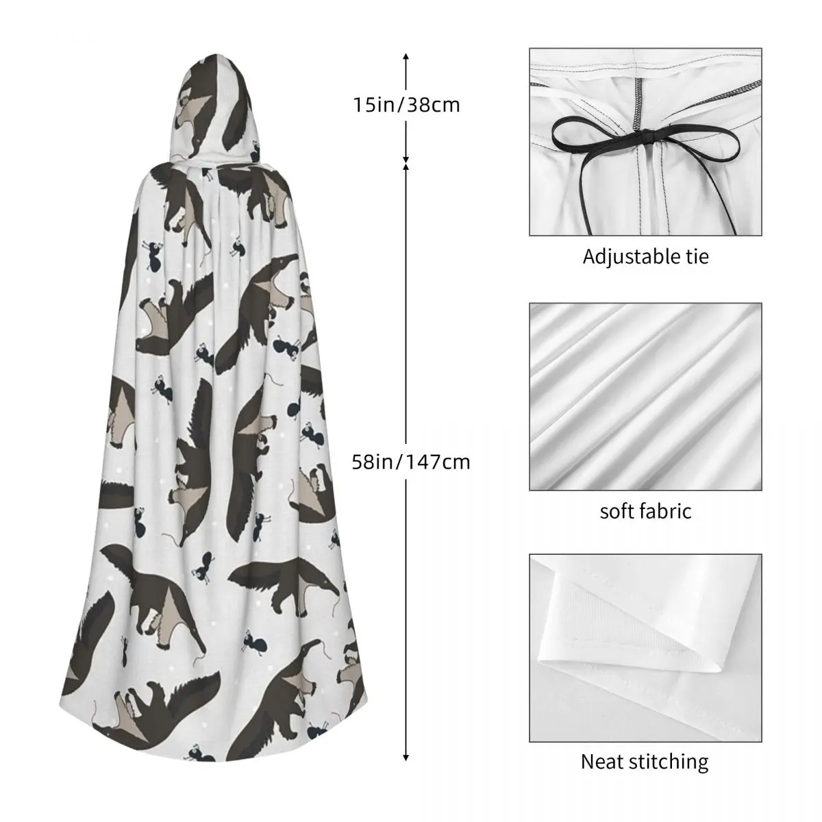 Фото Giant Anteaters And Ants All Over Pattern Long Hooded Cloak Witch Medieval Costume Cosplay Cape HalloweenParty Adult Unisex №2