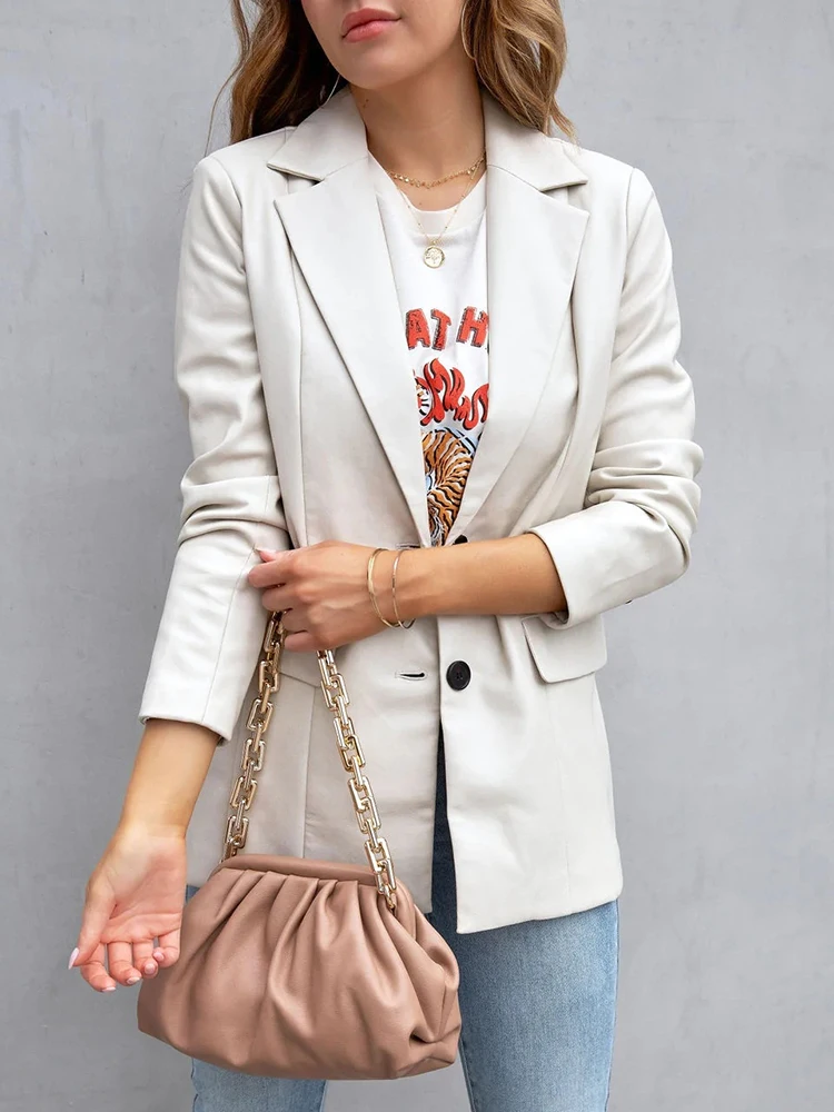 WYBLZ Autumn Faux Leather Blazer Oversized Red Solid Color Jacket Women Long Sleeve Double Breasted Y2K Jacket Fashion Coat