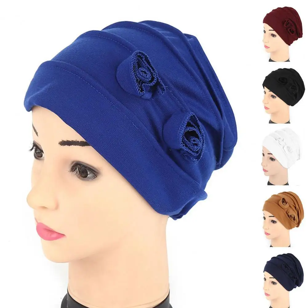 

Women Turban Hat Solid Color Two Flower Headdress Brimless Pure Color Beanie Headwrap Soft Muslim Turban Party Accessories