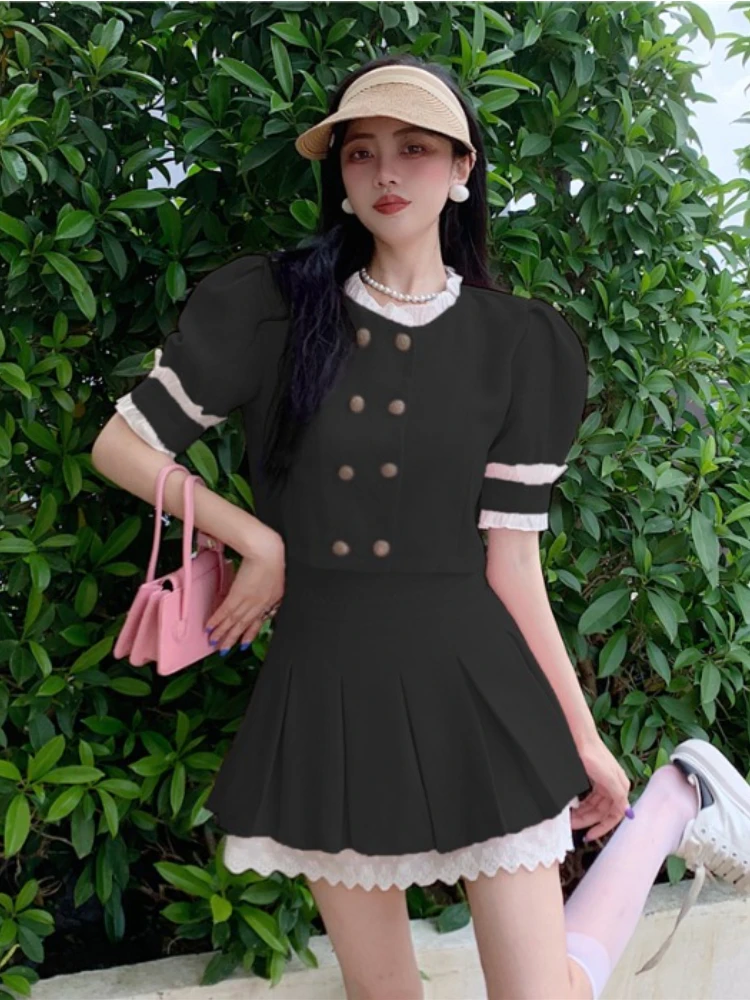 E GIRLS  Women Sexy JK Uniform Double breasted Short Top 2022 Summer New Sweet Cute Gentle Lace Stitching A line Pleated Skirt enlarge