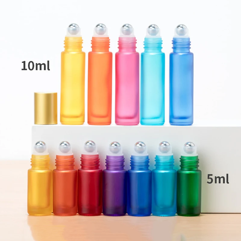 5/10Pcs Roller Bottles for Essential Oils 5ml 10ml Frosted Glass Colorful Refillable Perfume Bottle Thick Glass Vial Travel Set