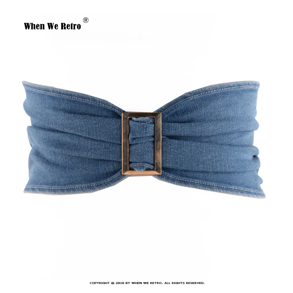 Fashion Elastic Fabric Bow Ladies Denim Belt Waist Wide Blue Black Women Belts Zipper Back VD3039