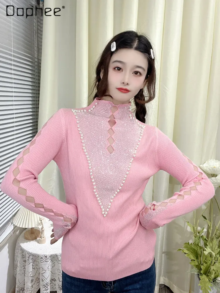 

Sweet Diamond Mesh Splicing Beads Skinny knit tshirt 2022 Autumn and Winter European Knitted Bottoming Shirt Sweater for Women