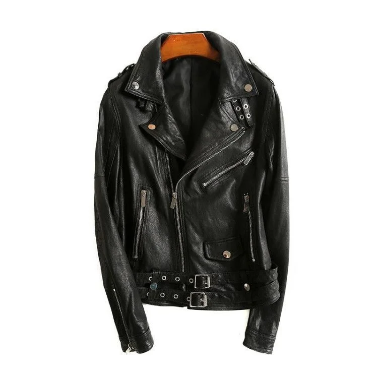 

Genuine Leather Biker Jacket Women Streetwear Sashes Zipper Slim Sheepskin Coat Autumn Winter Punk Black Short Jacket Fema 2023