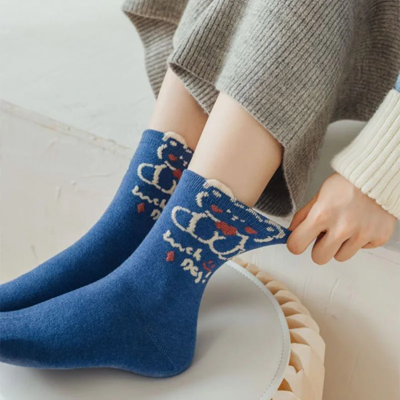 5 Pairs Cold Resistance Long Winter Socks Women Fashion Print  Thick Wool Socks Cartoon Animals Kawaii Leg Warmers Korean Style