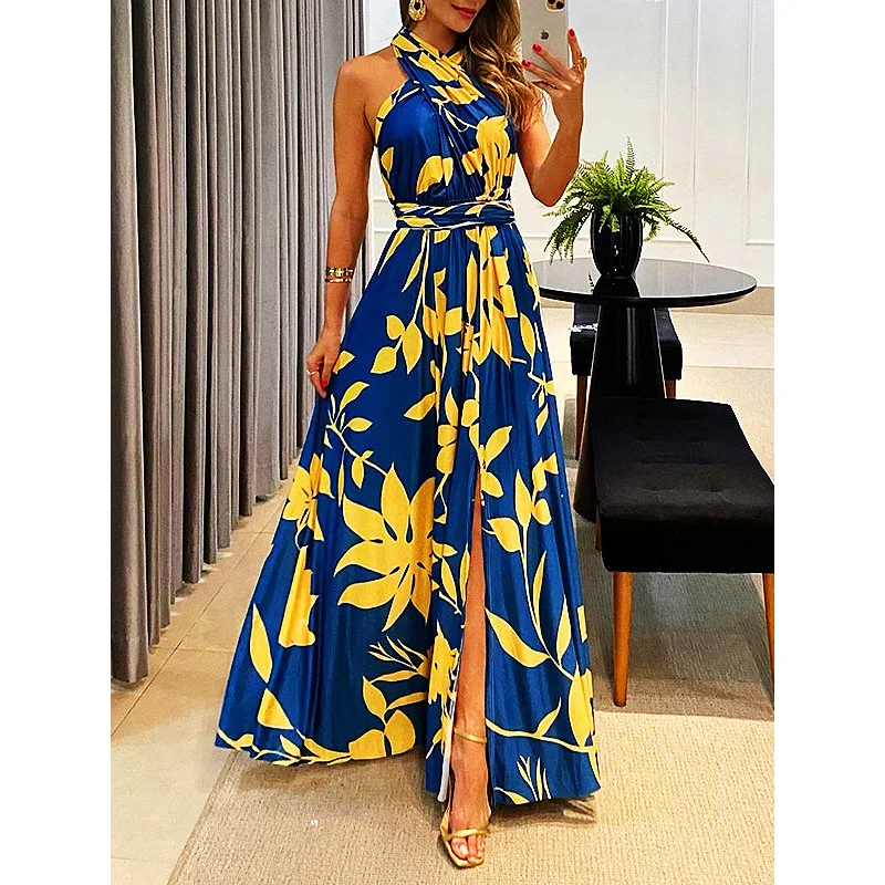 

Женское длинное платье с разрезом и принтом, новинка 2023