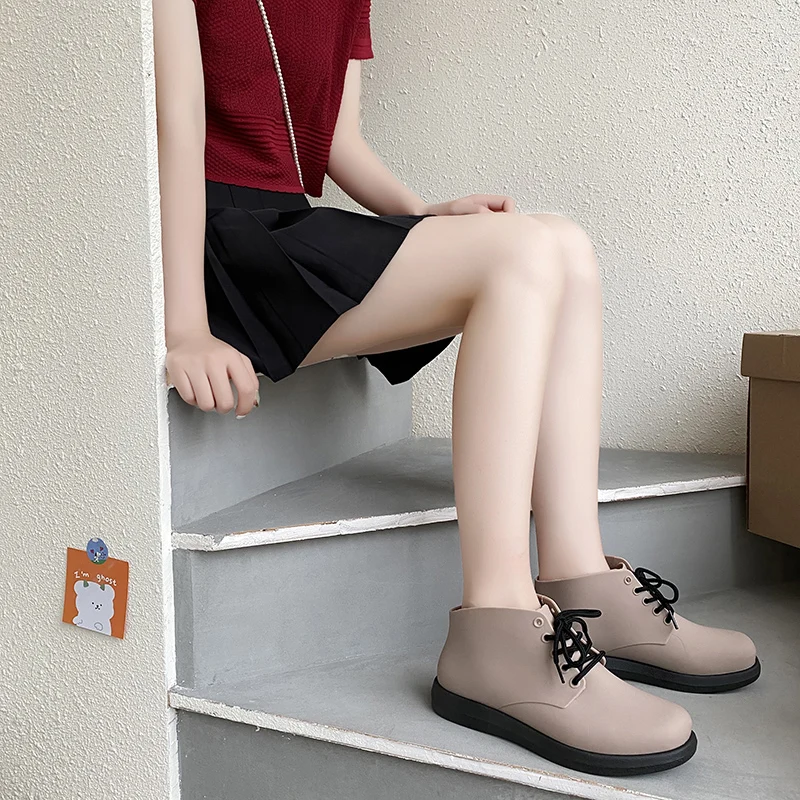 Women's Rain Boots Short Tube Korean Lace Up Flat Rain Shoes Cute Adult Women's Rainshoes Waterproof Non-Slip Rubber WadingShoes