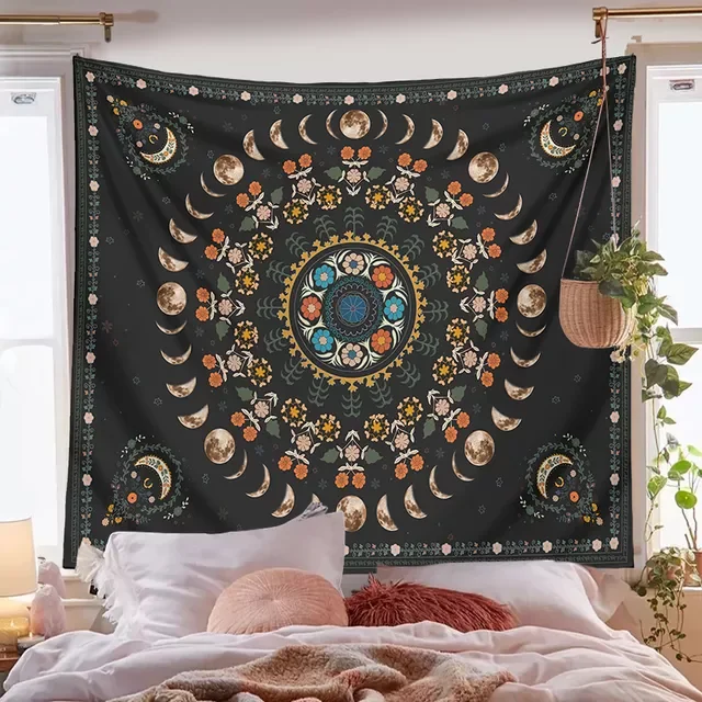 

Moon Phase Tapestry Wall Hanging Botanical Celestial Floral Wall Tapestry Hippie Flower Wall Carpets Dorm Decor Starry SkyCarpet