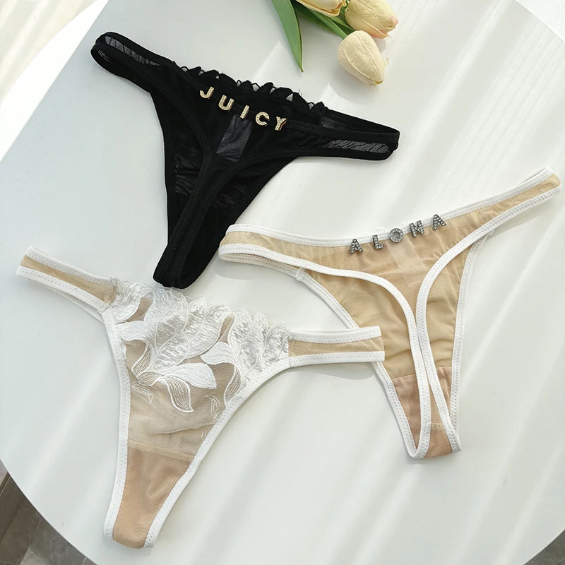Стринги женские кружевные с вышивкой бикини надписью и цветочной индивидуальные