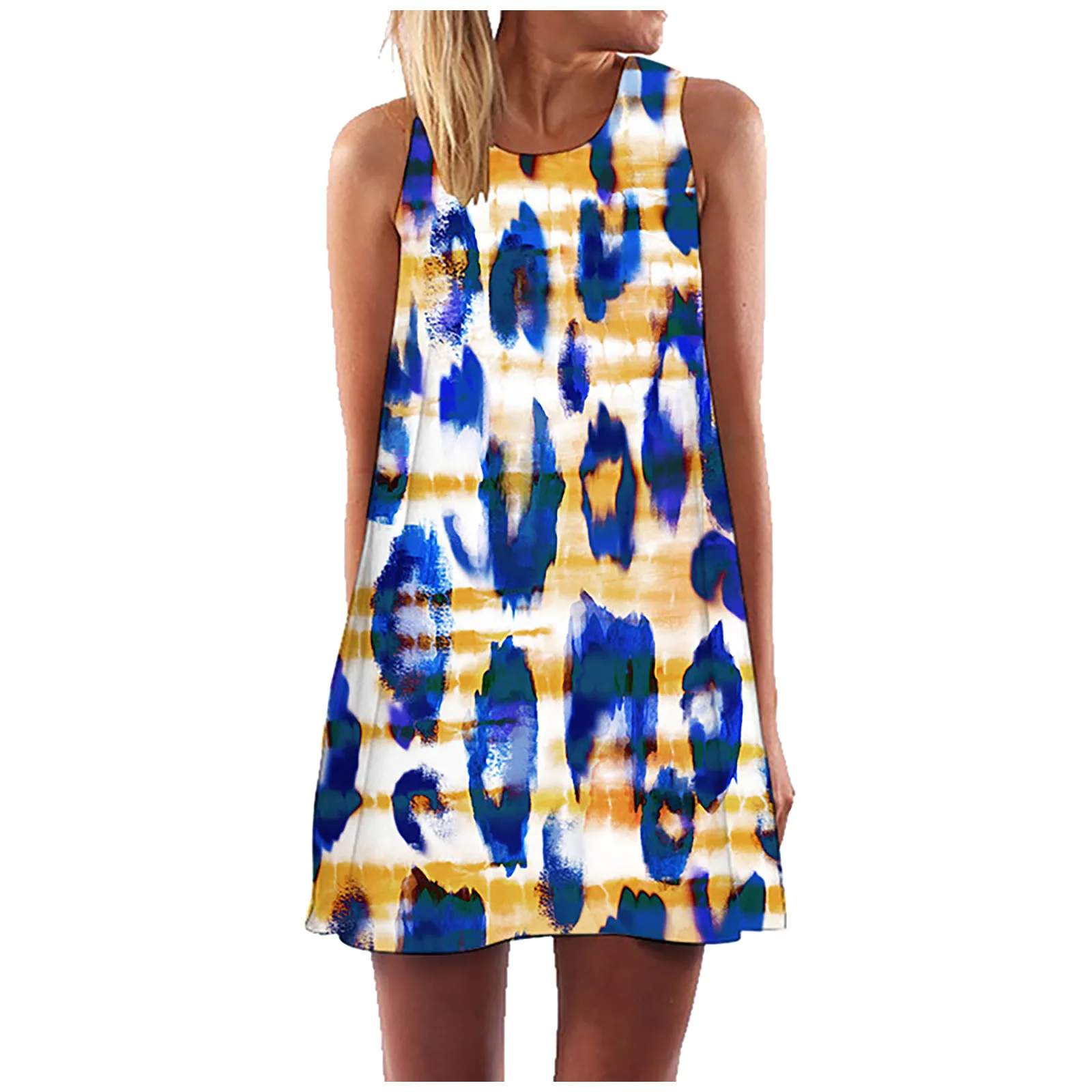 

Women Summer Casual Print Sleeveless Crewneck Loose Dress for Daily Beach Holiday