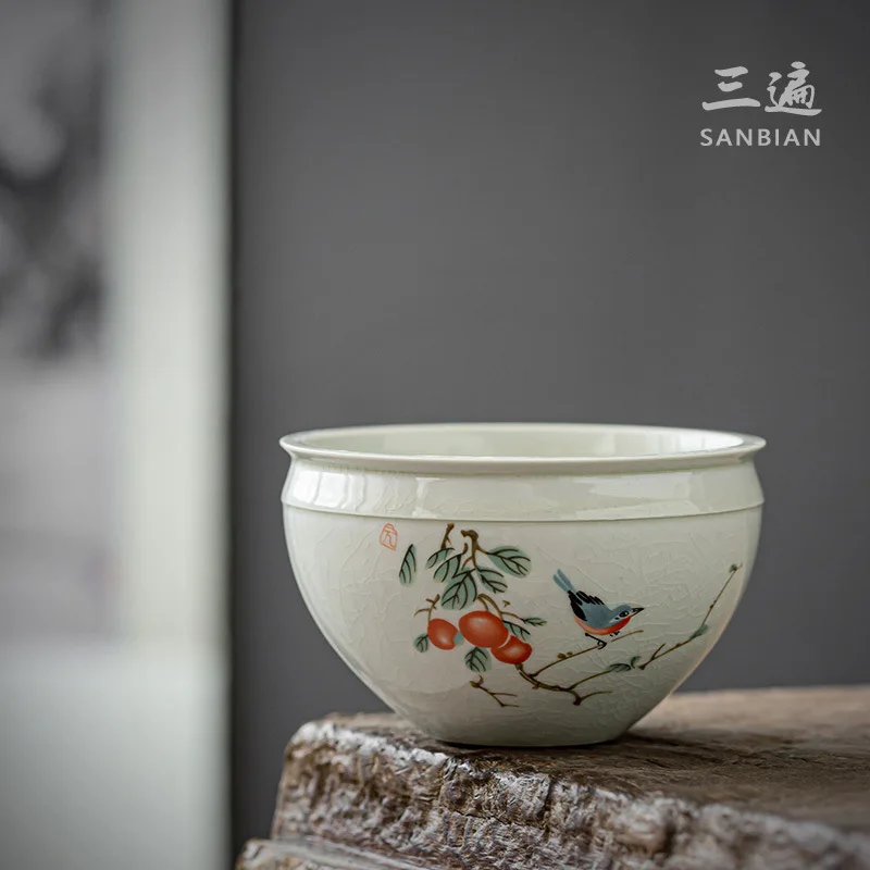 

★★Ceramic Grass and Wood Gray Glaze Hand Painted Jianshui Japanese Tea Wash Cup Wash Tea Basin Tea Residue Barrel Household Kung