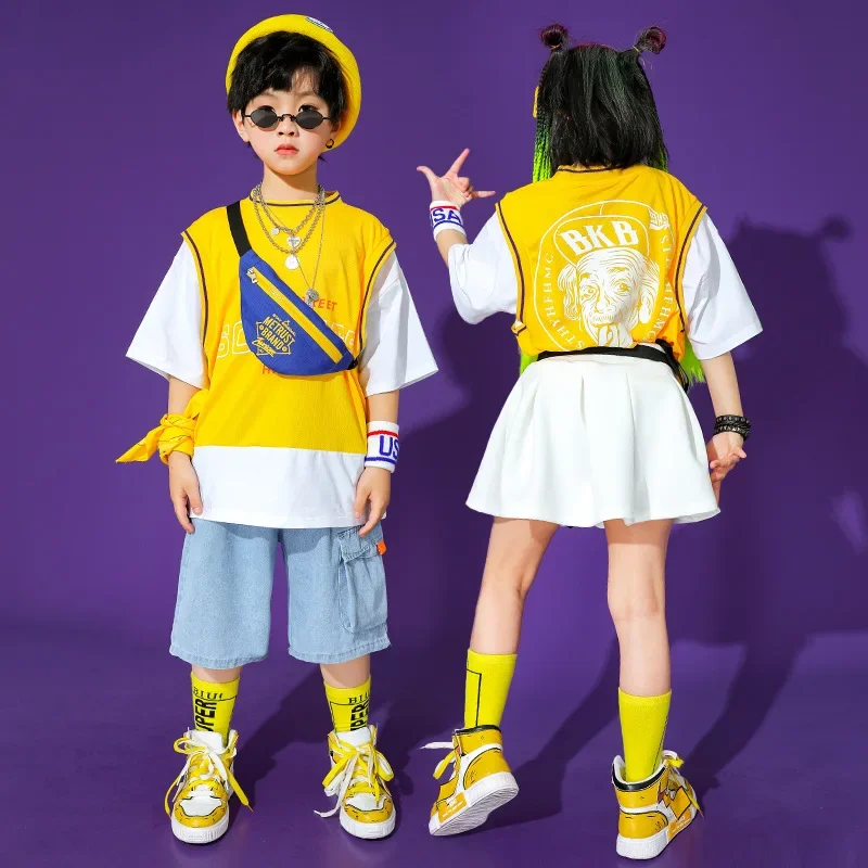 Boys Hip Hop Fake Two Pieces T-shirt Cargo Denim Shorts Girls Summer Skirt Clothes Set Kids Streetwear Child Jazz stage Costumes