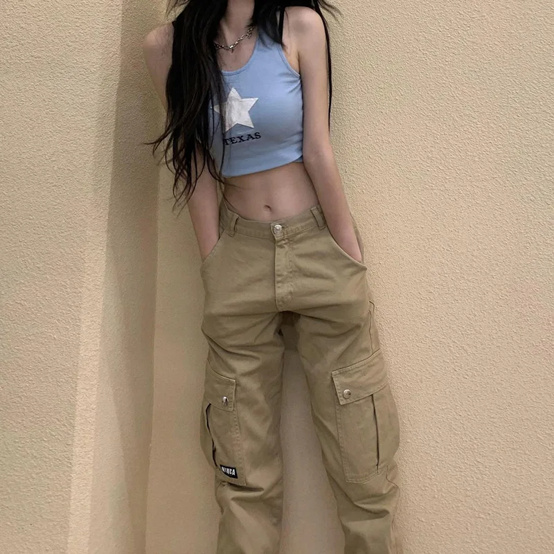 Loose Fashion Jeans Pants Big Pockets Simple Work Clothes High Waist Draped Wide Leg Pants 90's Ladies Mom Pants Streetwear