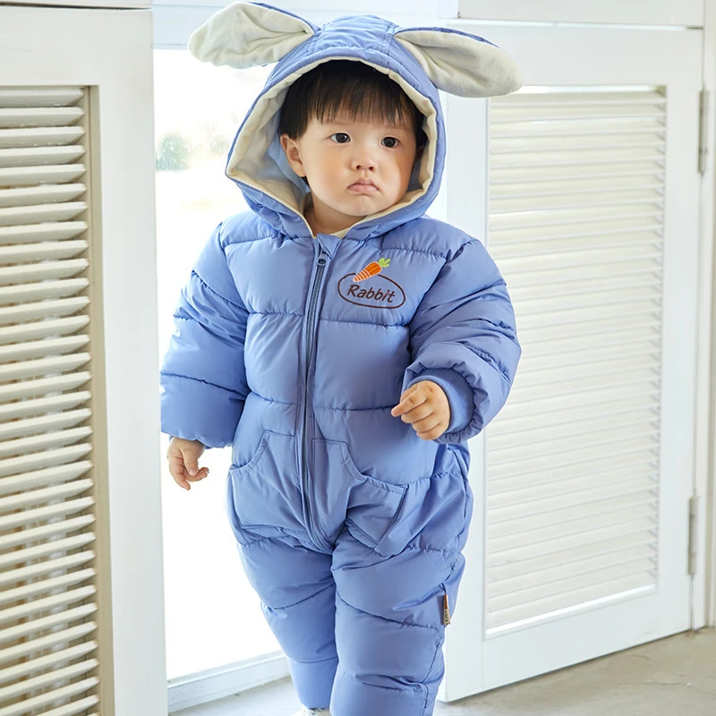 

Winter Thicken Warm Baby Jumpsuit Hooded Rabbit Ears Inside Fleece Down Jacket Newborn Boy Girl Overalls Outerwear Kids Snowsuit