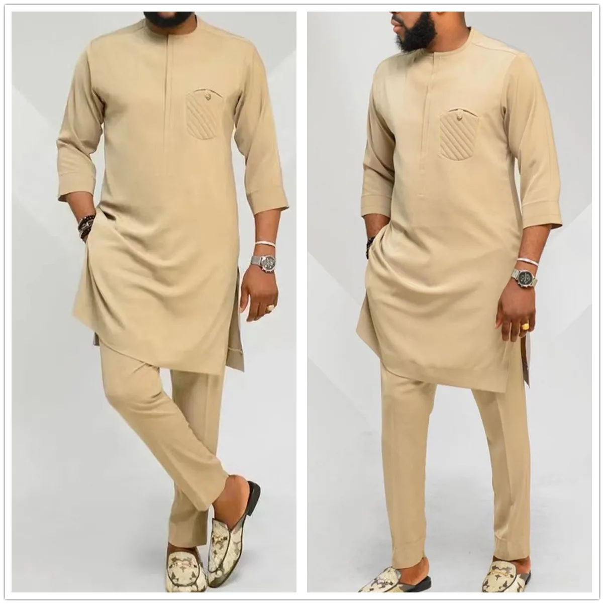 Kaftan Men's Set 3/4 Sleeves Shirt Tops Pants Muslim African Ethnic Style 2-Piece Suit Clothing Fashion Party Outfits Fashion