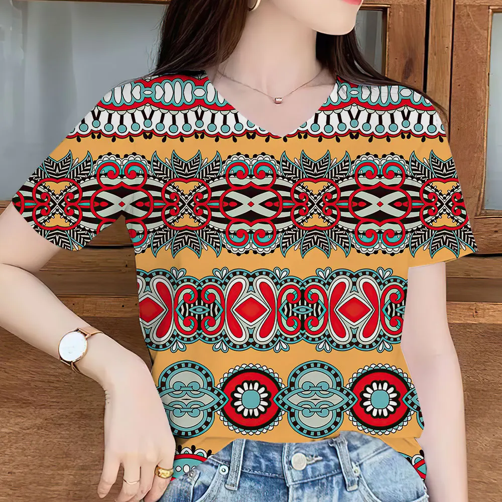 

Summer Women's Retro T-shirt Short Sleeved Top 3D Printed V-neck Loose Ethnic Street Clothing Oversized Women's Clothing
