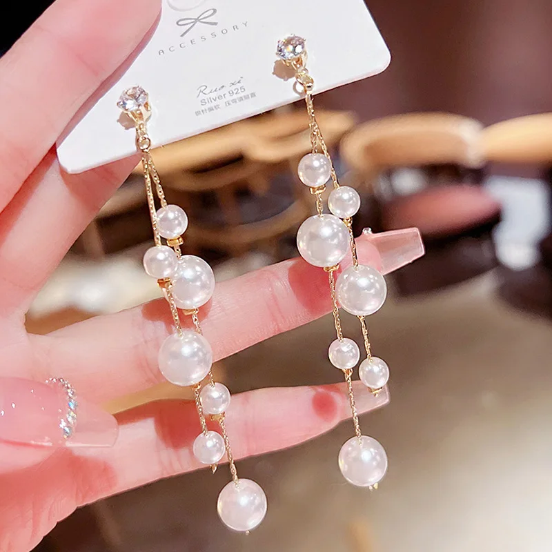 

Tassel Rhinestone Teardrop Dangling Earring Long Imitation Pearl Fashion For Women Jewelry Gift 2022 Summer New pendientes mujer