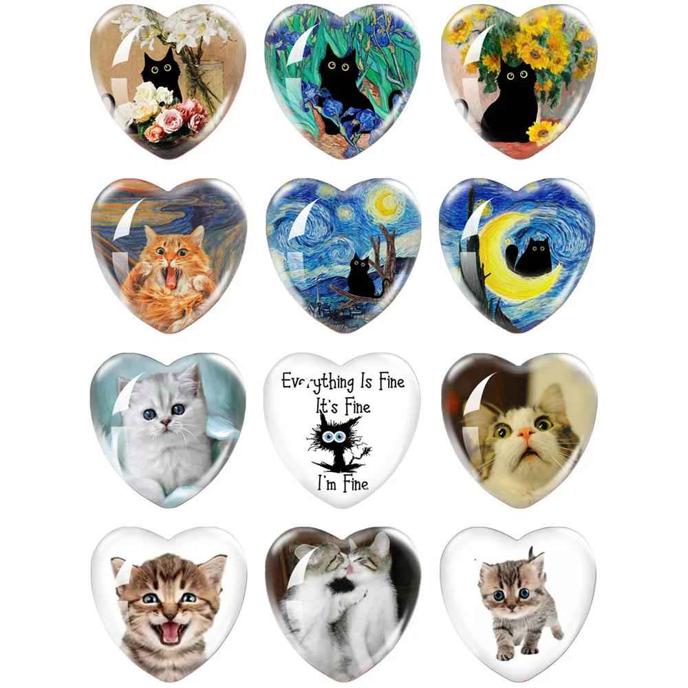 

New Van Gogh Cat Art Oil 12pcs/set 16mm-40mm Heart Photo Glass Cabochon Demo Flat Back Making Findings Gifts for Kids Friends