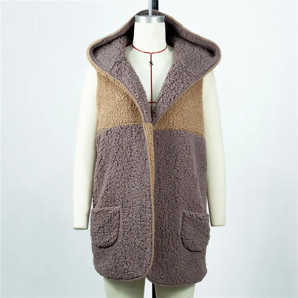 Женский зимний свитер из шерпа без рукавов с капюшоном пушистый флисовый