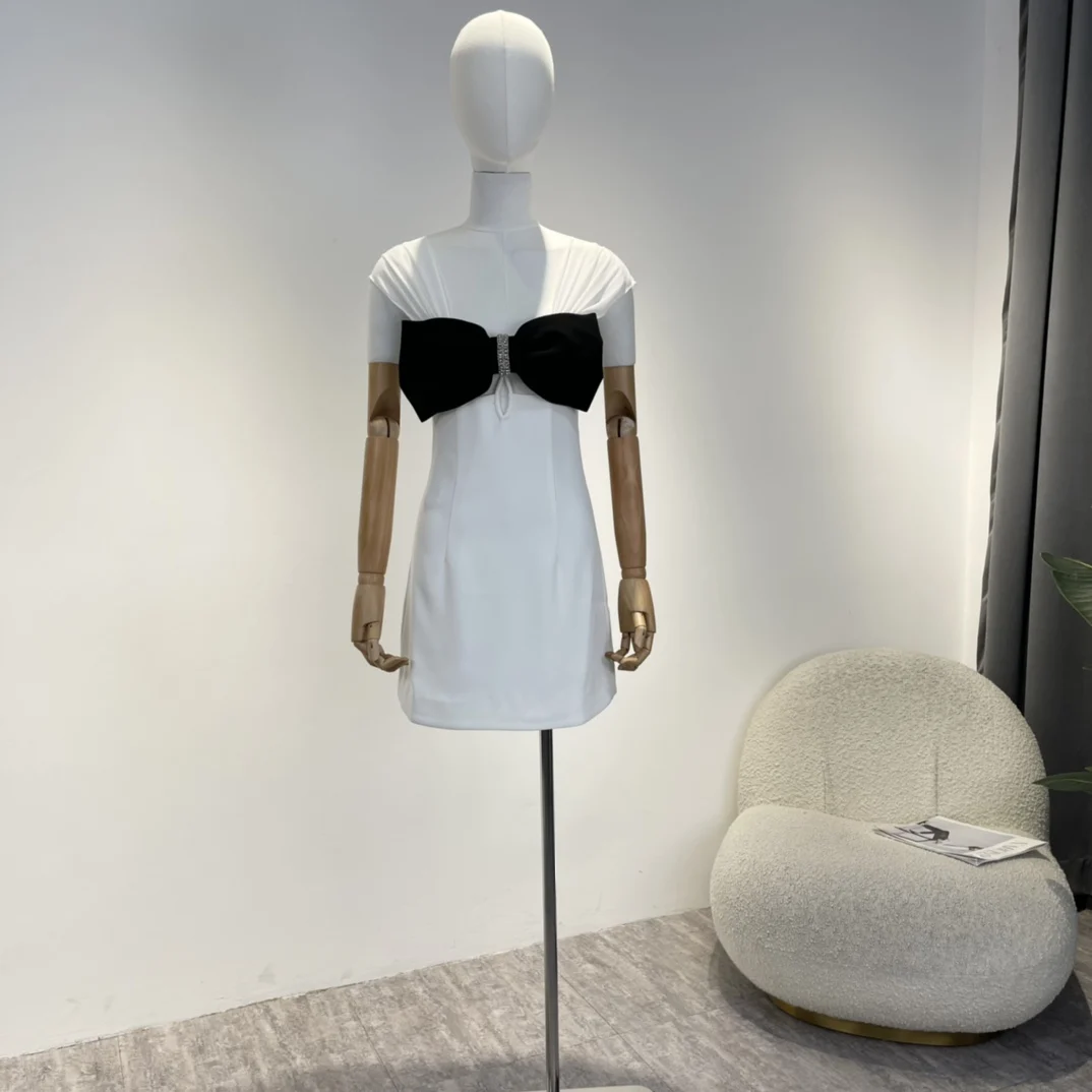 

Original Chiffon White Mini Dress Big Bow Crystal Front 2023 Spring Summer A-line Sweet Girl Clothing