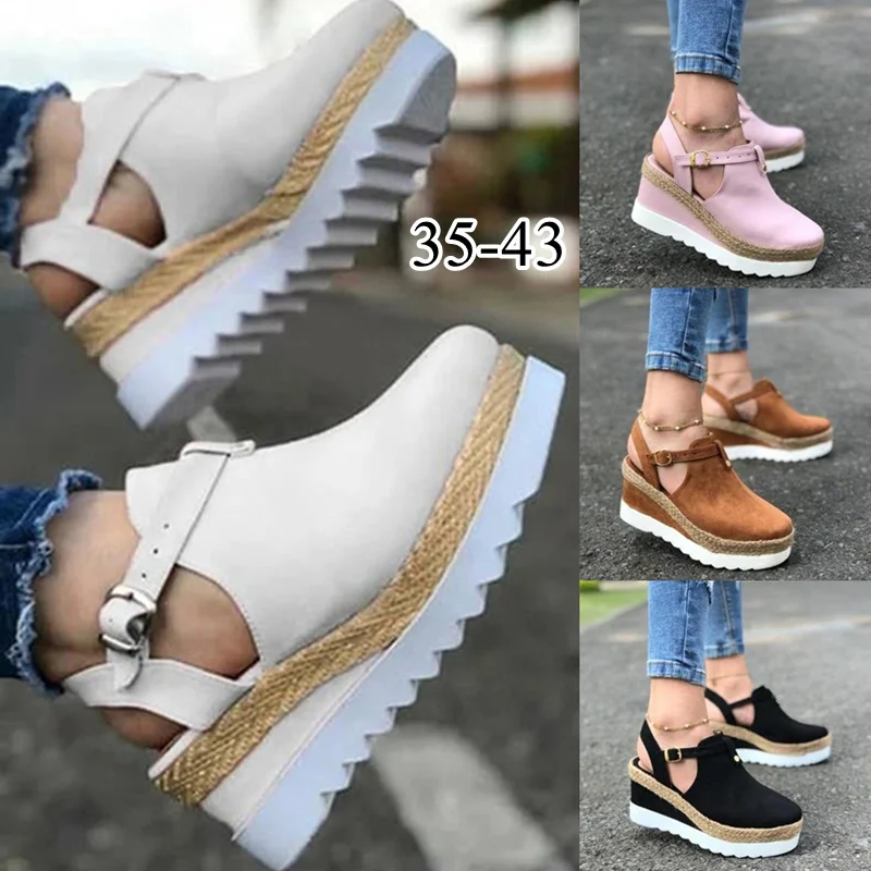 

Women's Sandals Vintage Wedge Shoes Woman Buckle Strap Straw Thick Bottom Flats Platform Sandals Flock Female Shoes Summer 2022
