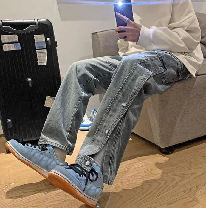 Jeans Men Breasted Trousers Split Jeans Men's Loose Straight High Street Retro Distressed Man Denim Pants
