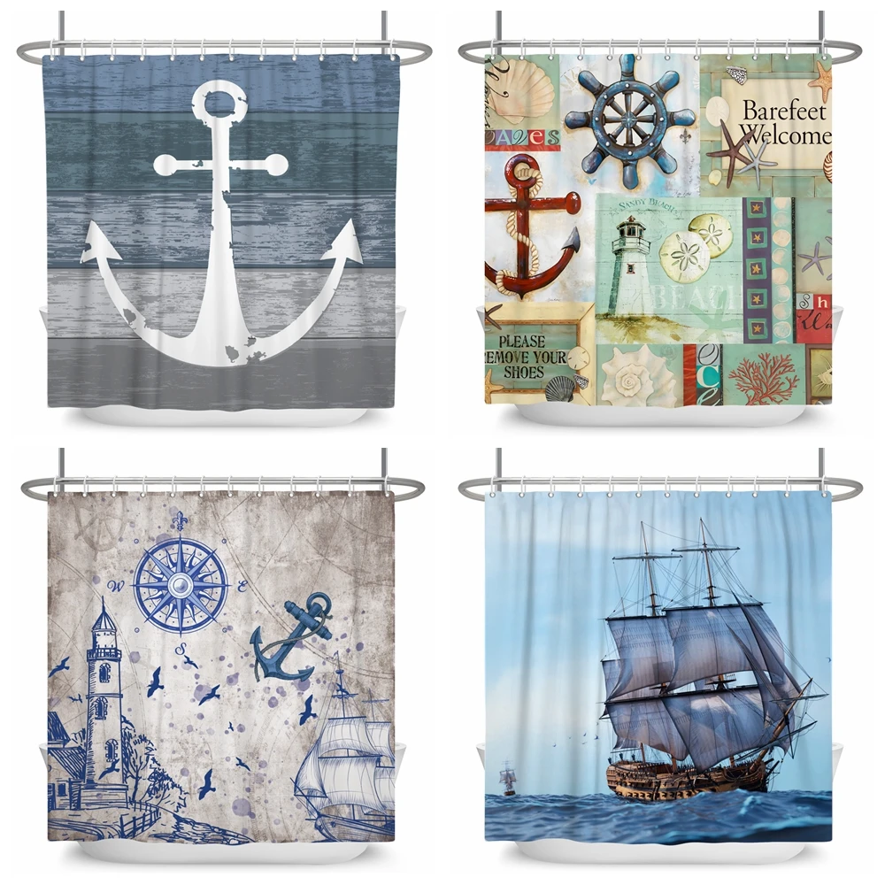 

Nautical Sailboat Shower Curtain Compass Anchor Lighthouse Vintage Pirate Bath Curtain Polyester Fabric Bathroom Decor with Hook