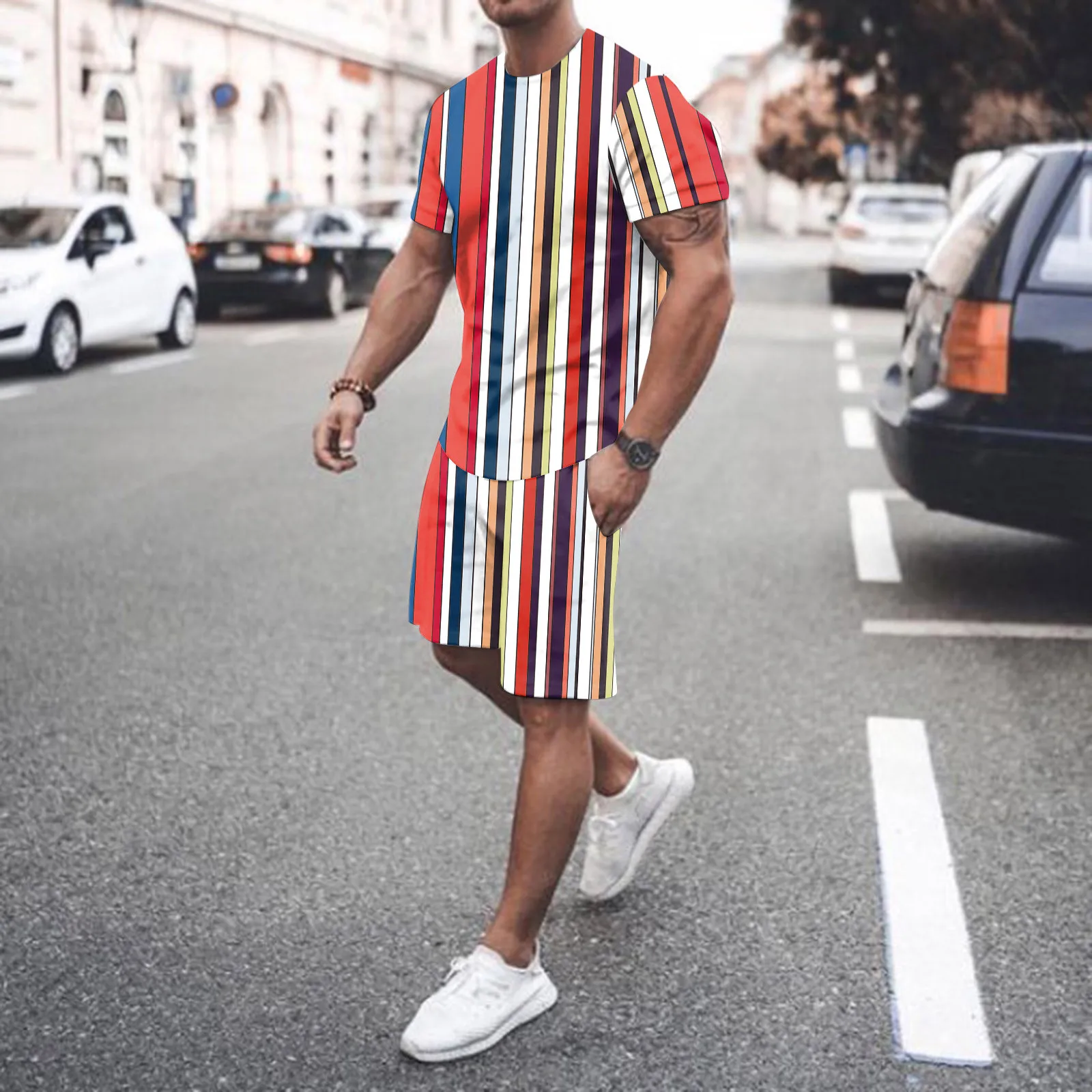 

Color Stripe Print T Shirt Shorts Set Streetwear 2 piece suit loose Male set ropa Hombre Breathable Casual Dailywear Conjuntos