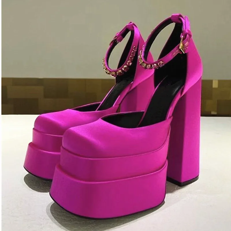 

Luxury Brand Women High Heesl Shoes Sexy Thick Heel Platform Shoes Square Toe Rhinestone Woman's Pumps Party Wedding Shoes 2022