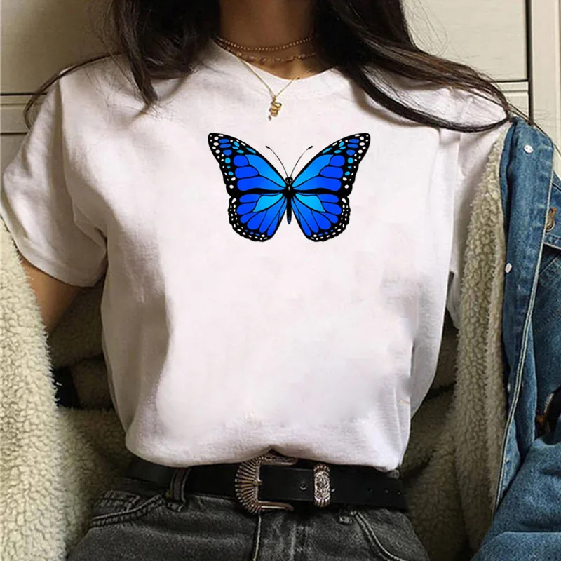 

New Women T Shirt Blue Butterfly Print T shirt Casual Harajuku Graphic Tops Female Cute T-shirt 90s Girls Short Sleeve Tee Shirt