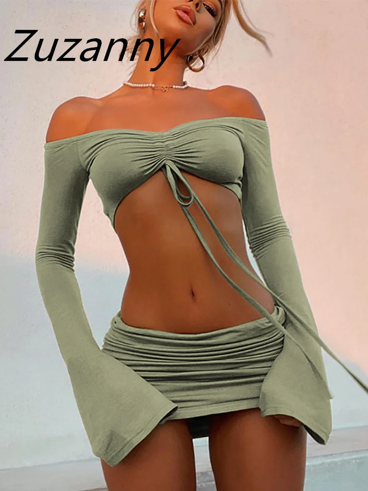 

Женский костюм на завязках Zuzanny Y2K, весенний костюм из двух предметов с укороченным топом с длинным рукавом и мини-юбкой, 2023