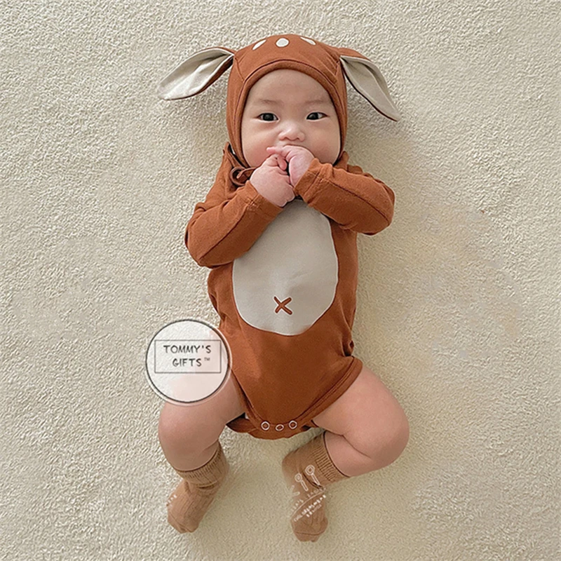 

0-24M Baby Christmas Bodysuit for Boy Girl Cute Deer Romper with Hat Spring Autumn Cotton Long Sleeve Kids Clothes Girls Costume