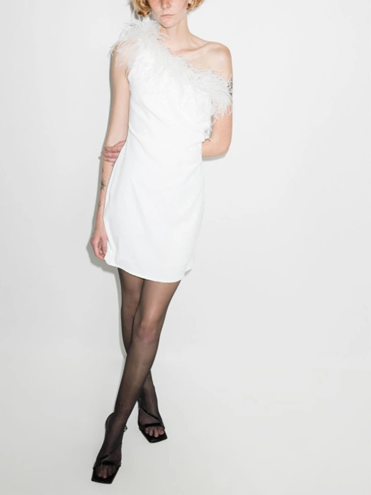 

Customized Evening Dresses Women Ostrich Feathers One-shoulder Asymmetrical-neck Party Mini Dress High Quality