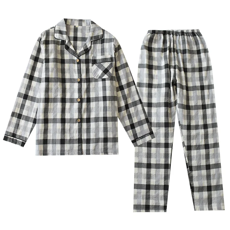 

Spring and Autumn Couple Pajamas Cotton Plaid Nightwear Service Long-sleeved Trousers Loose Casual Sleepwear Suit Pigiami Donna
