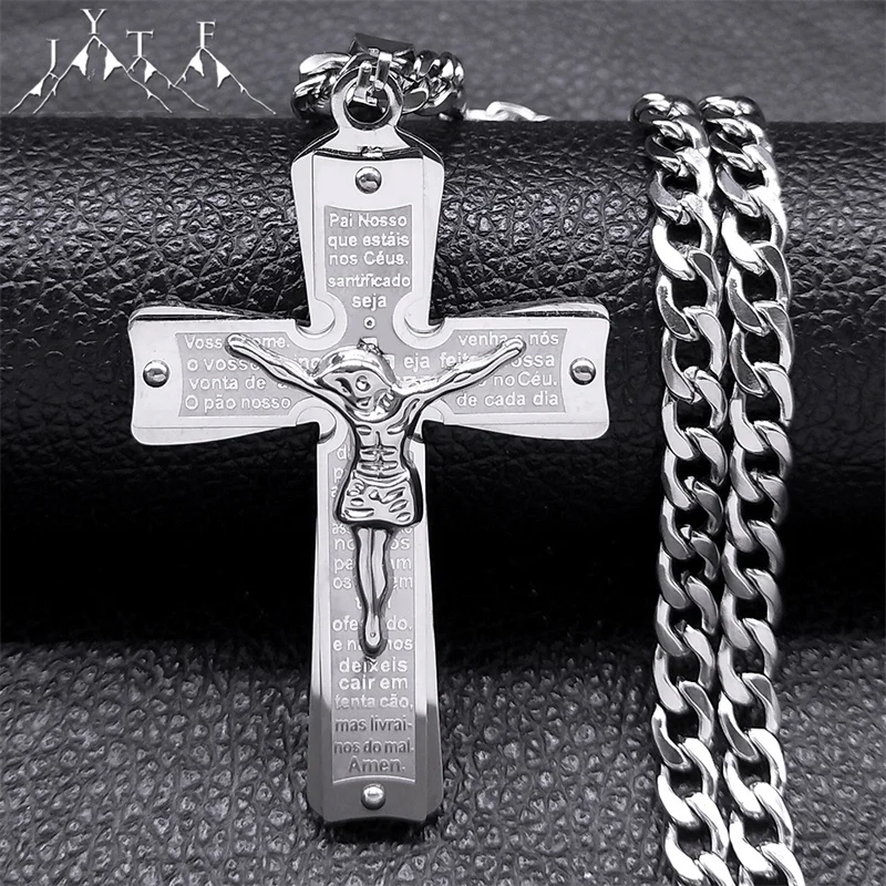 

Big Christian Bible Jesus Cross Necklace Cruz Pendant for Men Women Stainless Steel Silver Color Necklaces Jewelry Gift N2336S05